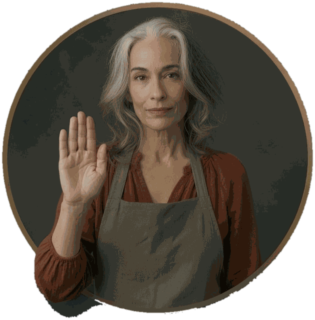 Silver-haired woman in a work apron holding up a calm, steady stop hand, inside a gold circle badge