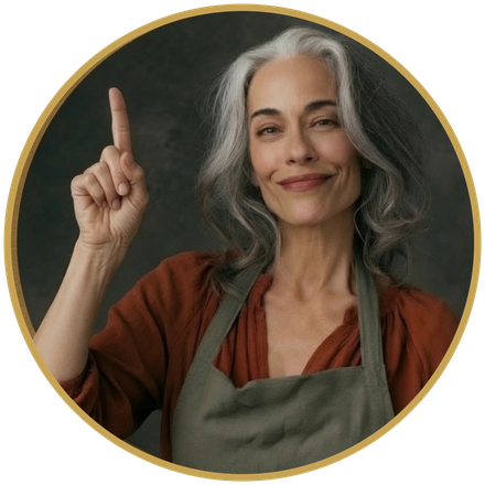 Illustration of the site mascot, a grey-haired woman in an apron, holding up one finger