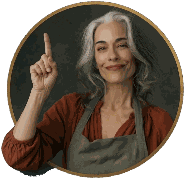 Silver-haired woman in a work apron raising one finger to make a point, inside a gold circle badge