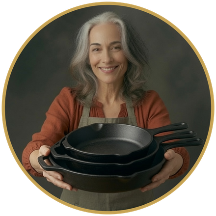 Friendly gray-haired woman in an apron holding a nested stack of cast iron skillets, inside an amber circle badge