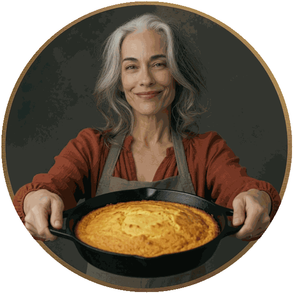 Friendly gray-haired woman in an apron proudly holding out a cast iron skillet of golden cornbread, inside an amber circle badge