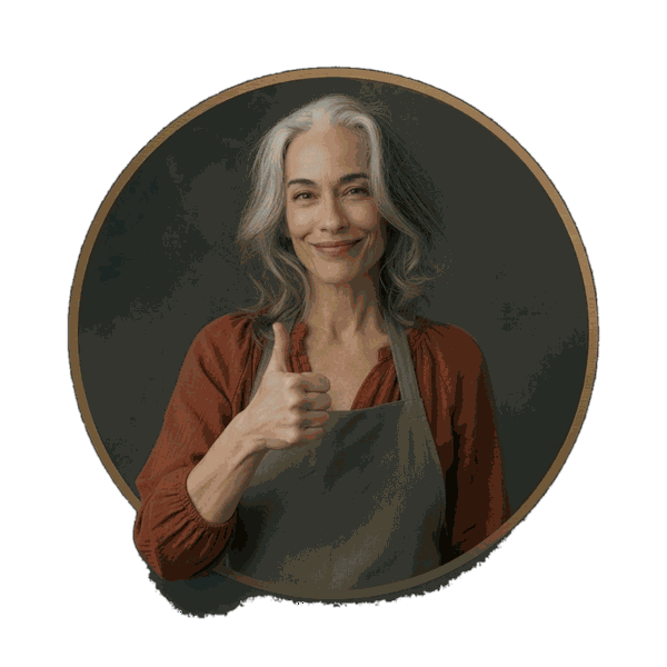 Smiling silver-haired woman in a work apron giving a thumbs up, inside a gold circle badge