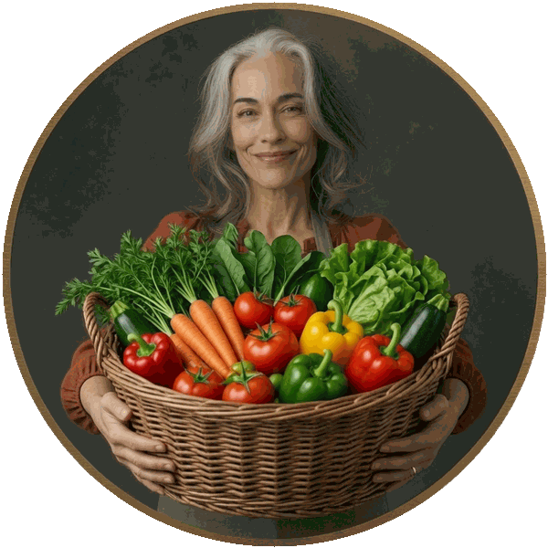 Friendly gray-haired woman in an apron holding a basket of fresh garden vegetables, inside an amber circle badge
