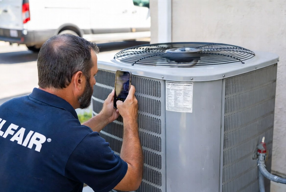 Technician photographing the data plate on an outdoor air conditioning condenser with a phone, all panels closed