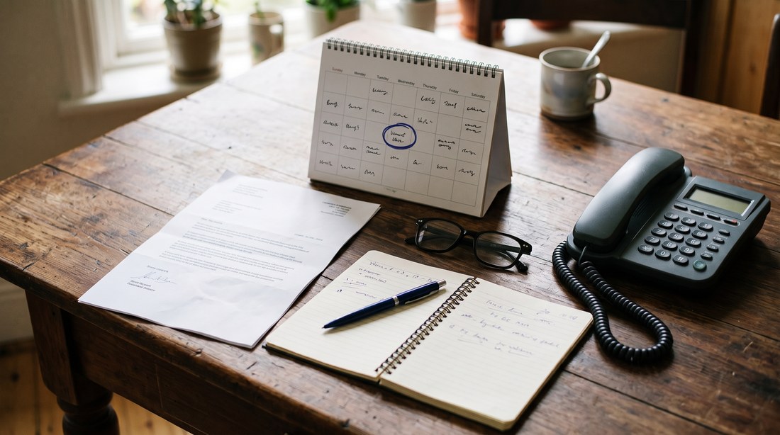 A wooden kitchen table set up for paperwork: an official letter lying open, a desk calendar with one date circled in blue pen, a spiral notepad with a pen and handwritten notes, reading glasses, and a corded telephone within reach