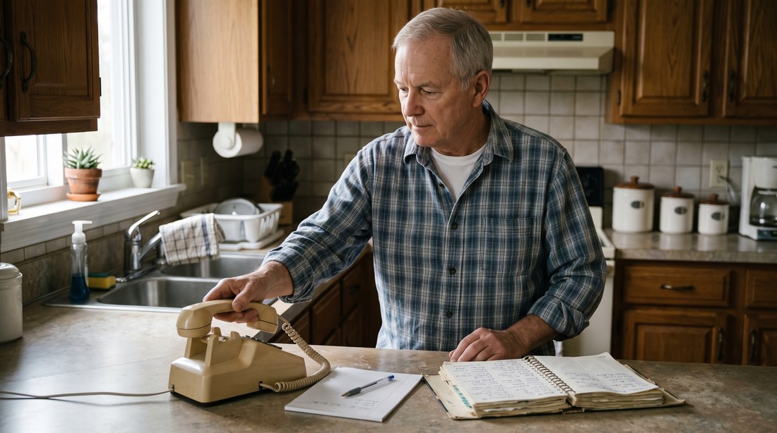An older man in a kitchen setting a corded telephone handset back on its cradle, with a worn spiral address book and a notepad and pen open on the counter beside him