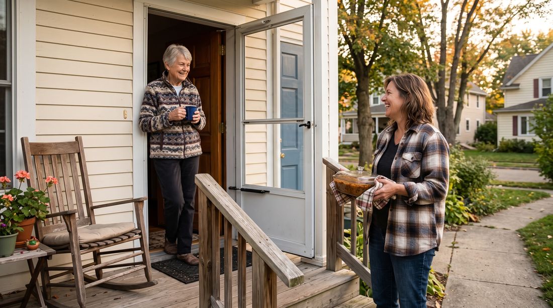 Two women talking and laughing on a front porch in late afternoon light, one standing in her doorway with a mug, the other on the steps holding a covered dish