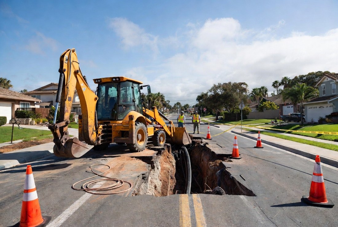 A backhoe stopped at the edge of a trench cut across a suburban street, a severed cable exposed in the hole, a utility crew standing at the edge with cones and tape around it
