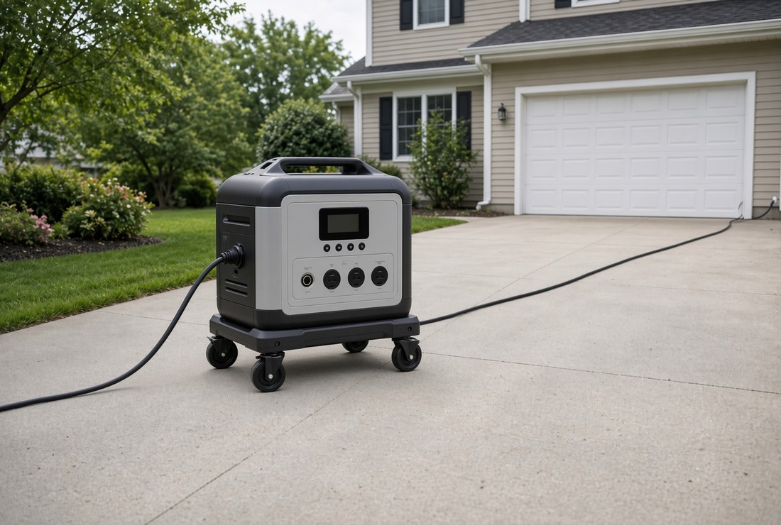 A wheeled power station on a driveway with a heavy cord running the length of the drive to a weatherproof inlet box on the house wall