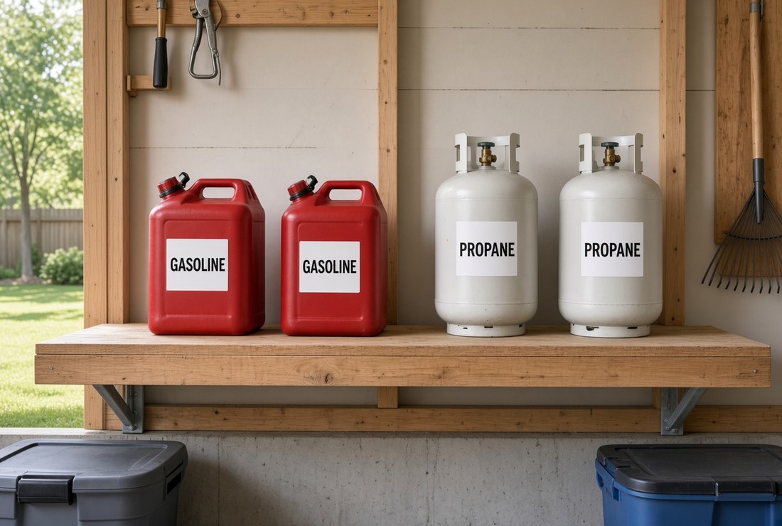 Two red gasoline cans and two propane cylinders standing on a wooden shelf in an open-sided shelter, with lawn and a fence visible through the framing beside them