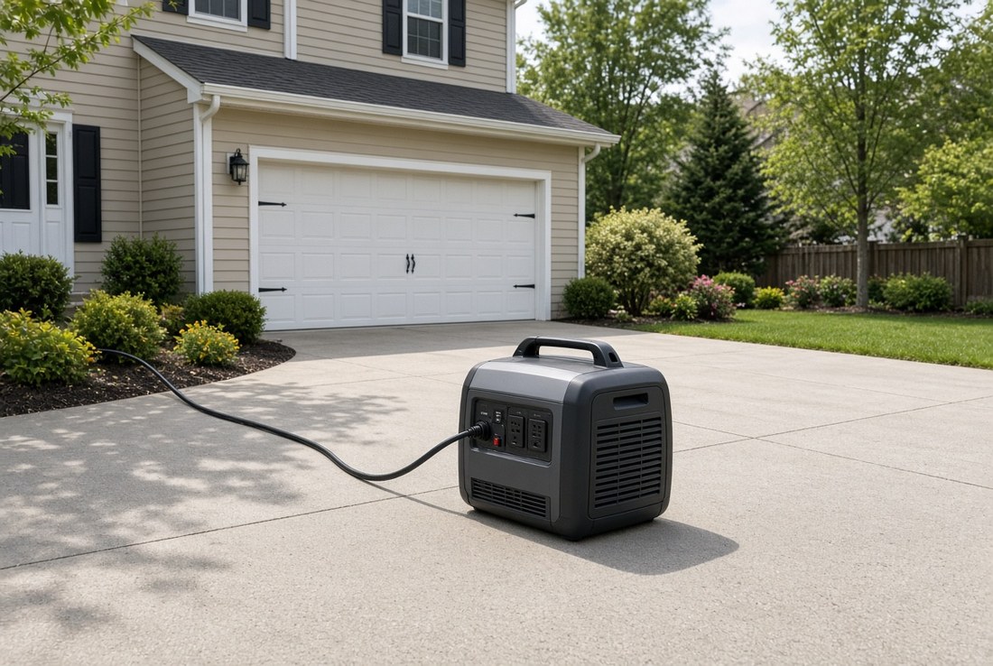 A small portable inverter generator standing on a concrete driveway well clear of the house, a single heavy cord running away from it toward the garage