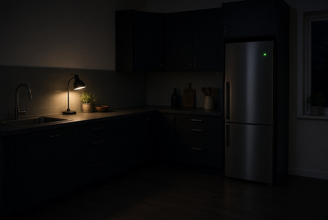 A refrigerator, a chest freezer, a lamp and a fan running in a kitchen during an outage, with the room otherwise dark