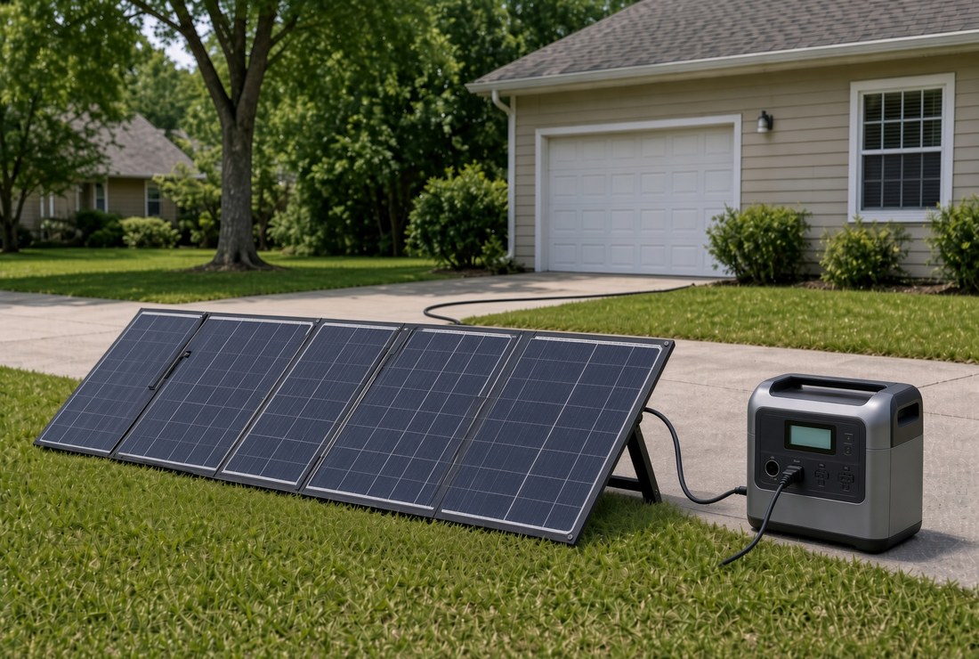 Two folding portable solar panels set up on a lawn beside a house, angled toward the sun, with cables running back toward a power station on the patio