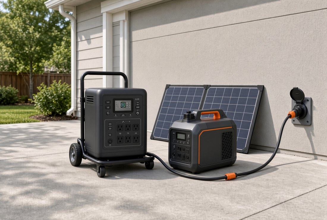 A wheeled lithium power station, a small inverter generator and a folding solar panel standing together on a driveway beside a house, with a cord running to a wall inlet