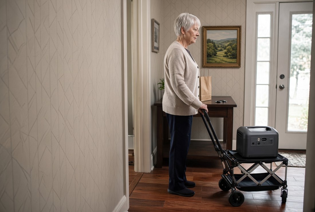 An older woman with short white hair in a cardigan stands upright in her front hallway, one hand on the handle of a small folding cart carrying a compact power station, the front door behind her