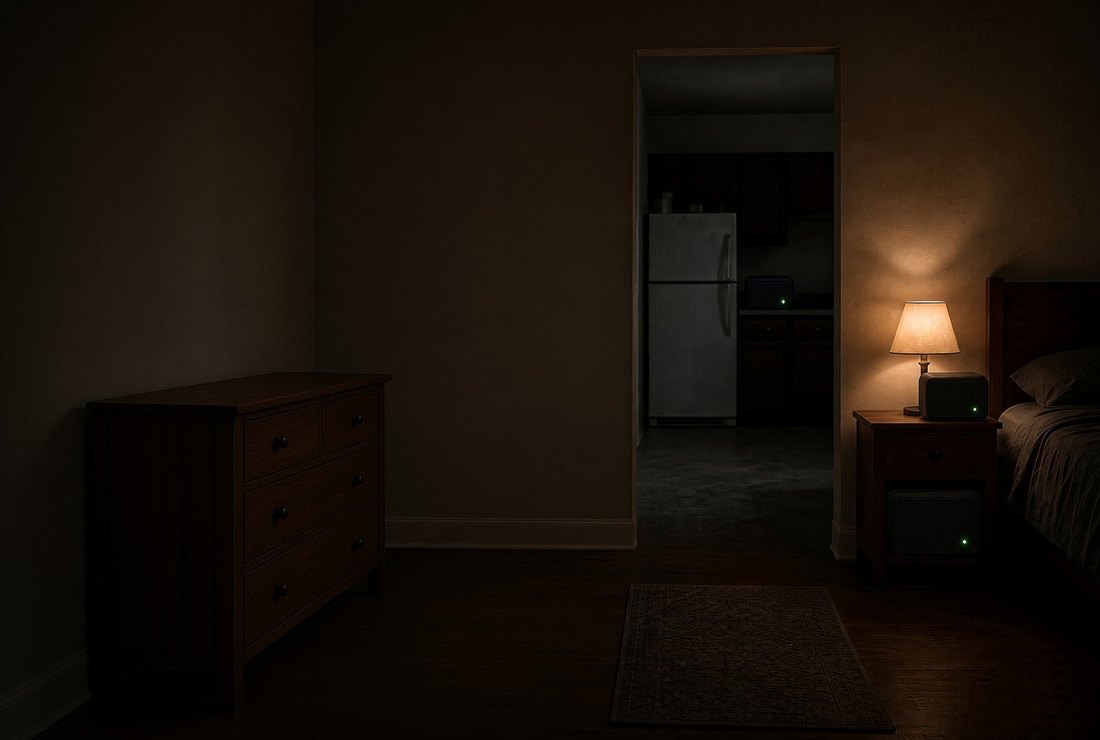A dark bedroom during a power outage lit by one bedside lamp, with a small power station glowing green on the nightstand and another on the shelf beneath it, and through the doorway a refrigerator in the kitchen with a third station glowing beside it