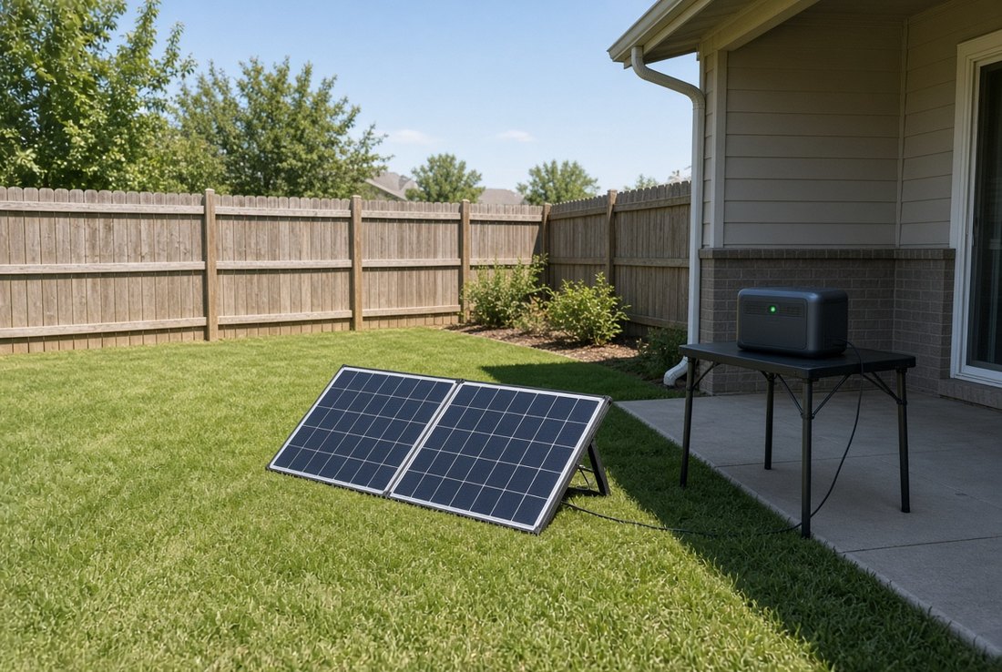 A folding solar panel propped on its legs on a sunny back lawn, its cable running to a power station sitting on a small folding table on the shaded patio beside the house