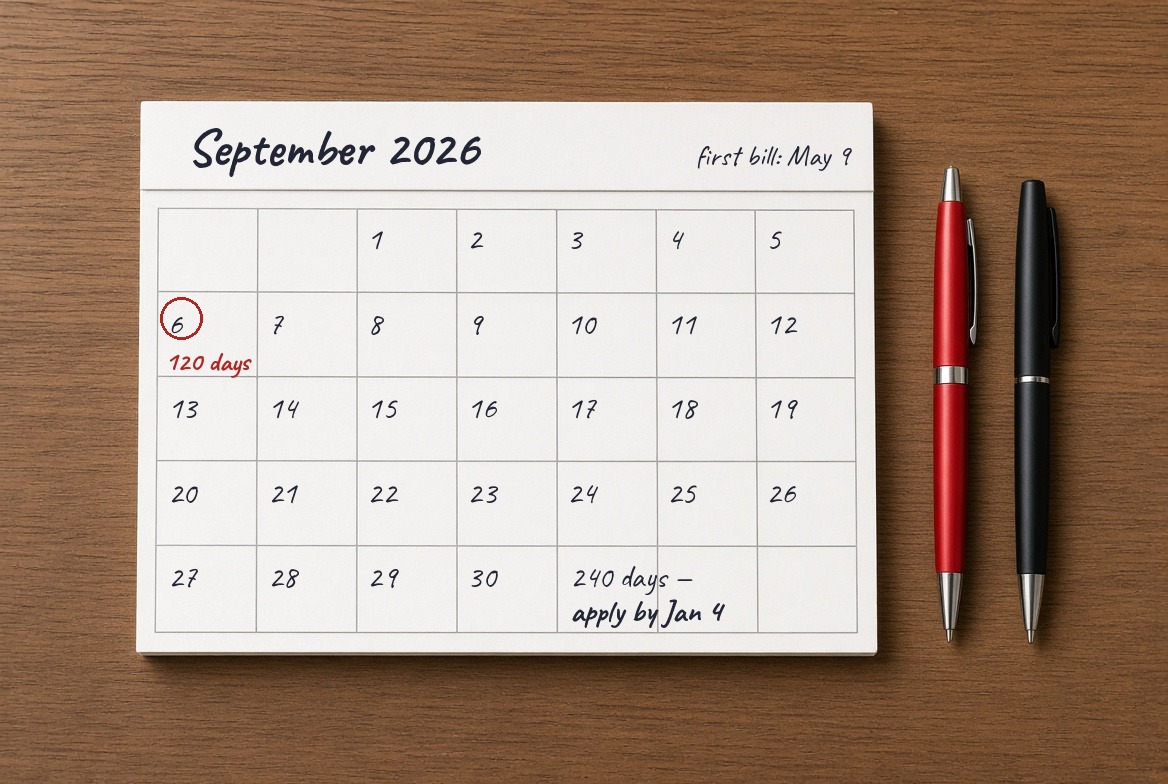 A blank paper desk calendar filled in by hand for September 2026, the sixth circled in red and marked 120 days, a note at the top reading first bill May 9, and a second note written into the empty squares at the foot reading 240 days, apply by Jan 4