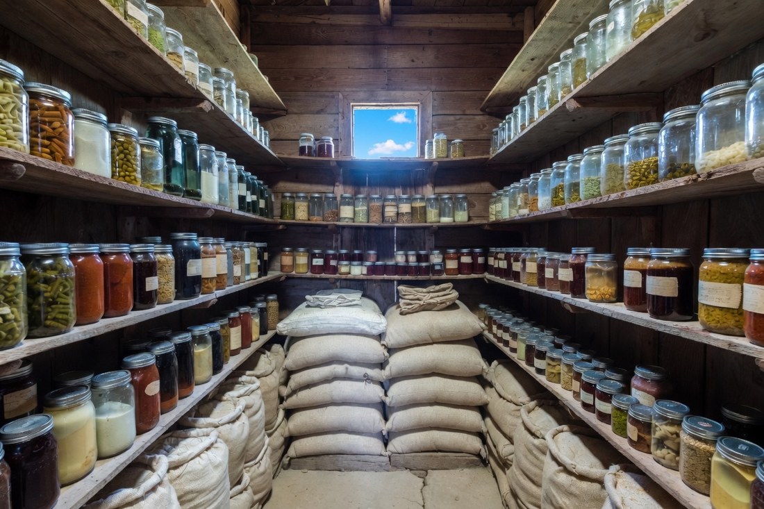 A wood-shelved pantry packed floor to ceiling with labelled home-canned jars, stacked cloth sacks of dry goods on the floor and a small window at the far end