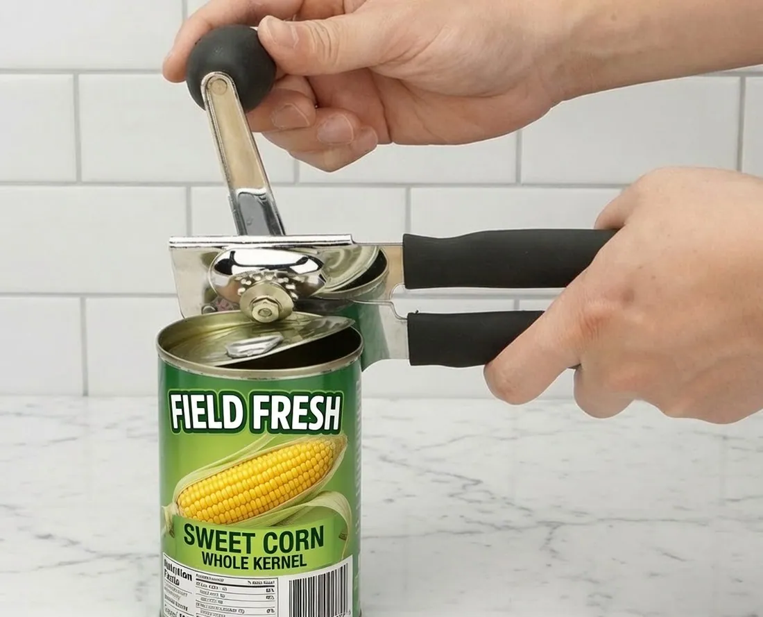 Two hands working a manual can opener on a can of sweet corn, one hand squeezing the handles together while the other turns the key