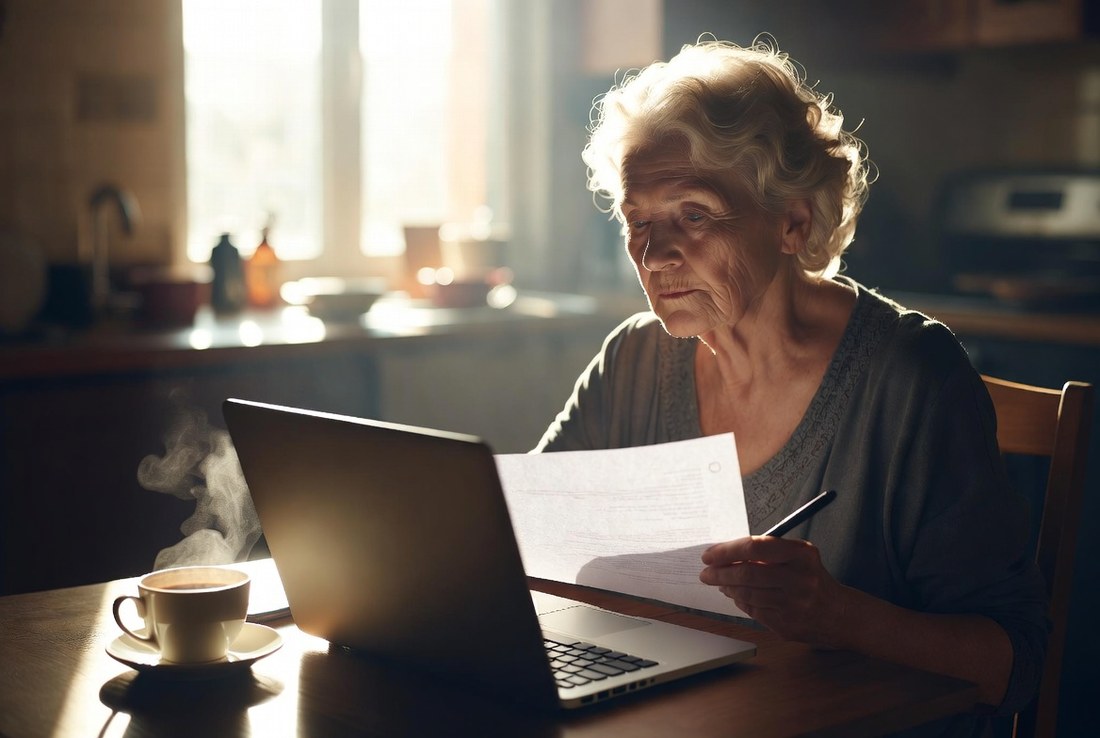 An older woman at a kitchen table with a laptop open and a printed page in her hand, coffee beside her, checking something carefully in morning light