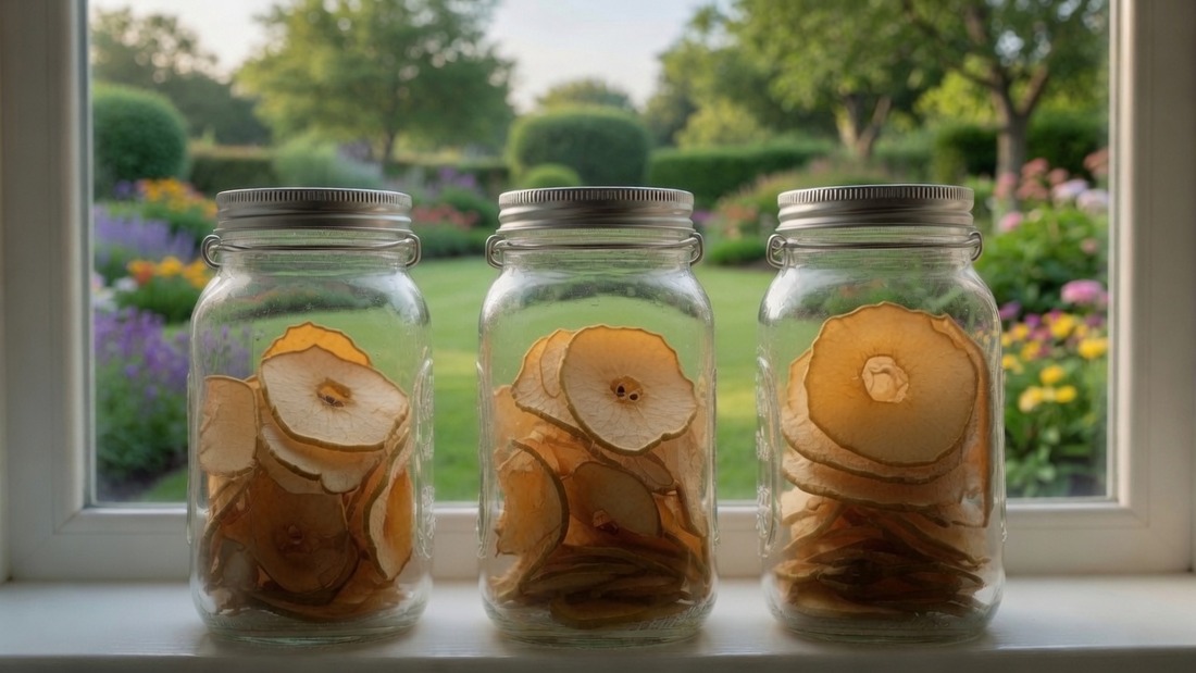 Three clear glass jars of dried apple slices lined up on a white windowsill with a sunlit garden visible through the window behind them