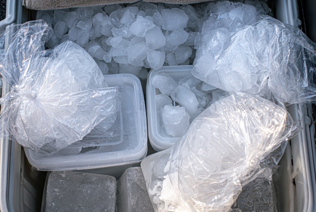 A cooler seen from above packed in layers, block ice across the bottom, sealed containers above it, bagged cubed ice filling every gap and a folded towel ready to lay on top