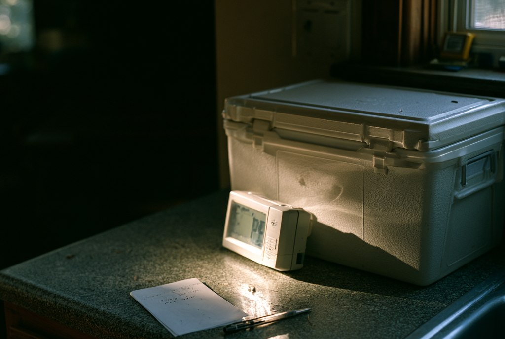 A closed cooler on a kitchen counter beside a small digital thermometer and a handwritten note with a pen, the rest of the kitchen dark and unlit with one shaft of daylight across the counter
