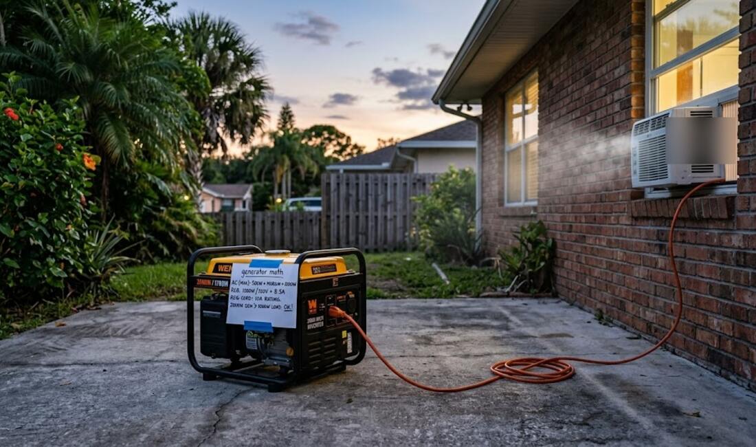 A small inverter generator on a backyard patio at dusk with a handwritten generator math note taped to it, cord running to a window AC unit