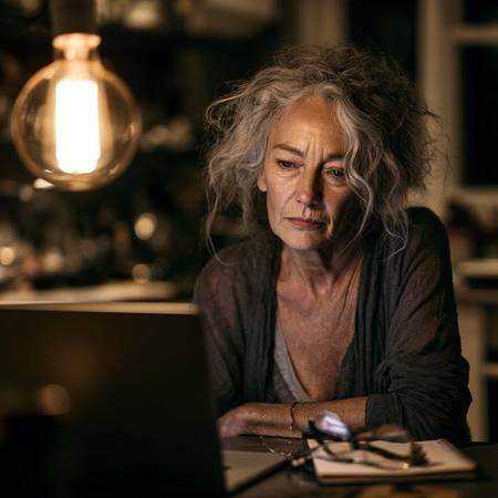 Retired woman at a kitchen table at night with a laptop and notepad, researching and planning under warm lamp light