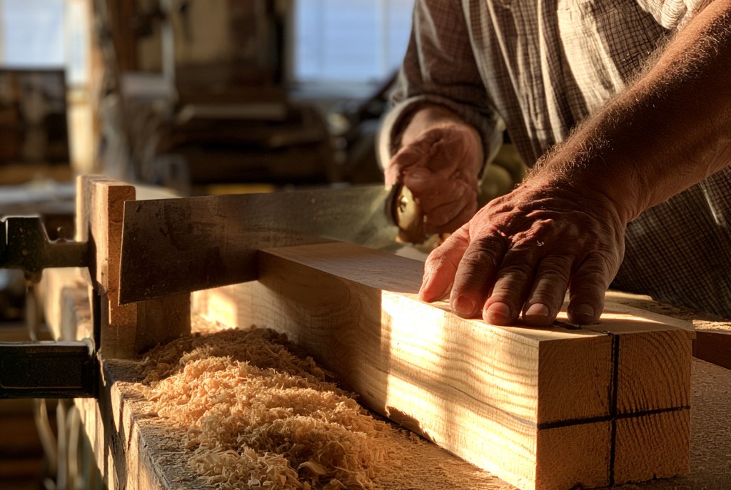 An older man sawing part-way through a board clamped to a workbench, sawdust piled beside the kerf, one hand steadying the board and a marked cross visible on the end grain