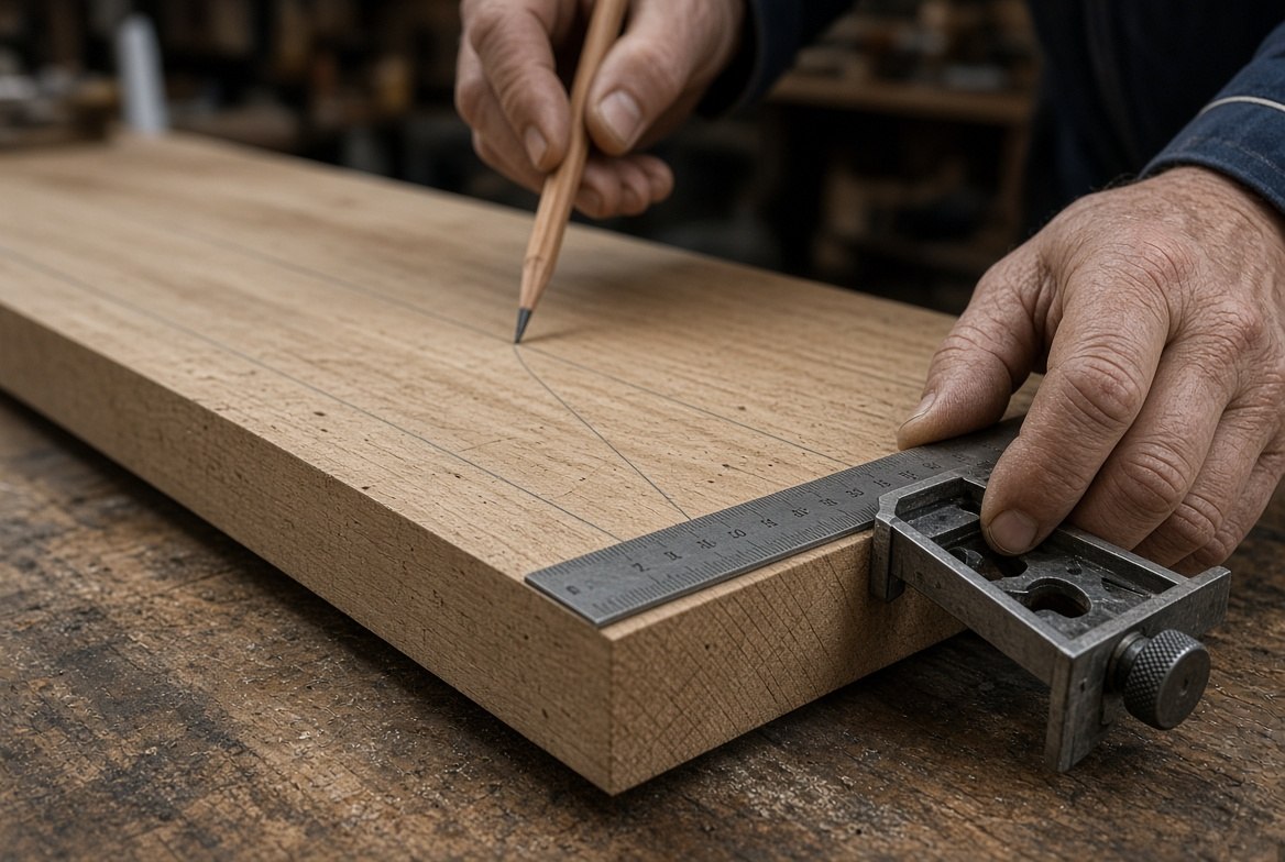 A combination square held against the edge of a board while a pencil draws along its blade, with a second line already drawn slightly off the first so the two visibly diverge across the board