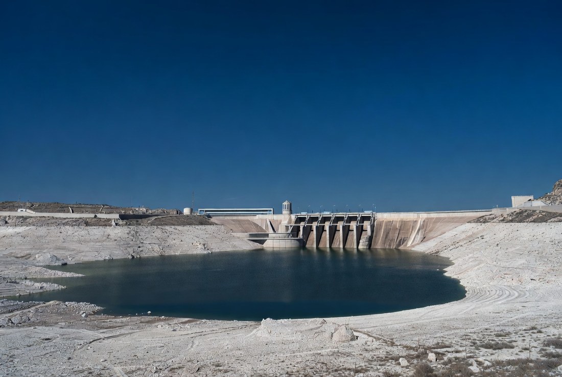 A large concrete hydroelectric dam with the reservoir far below its normal level, a wide pale bathtub ring of bleached rock exposed around the shoreline