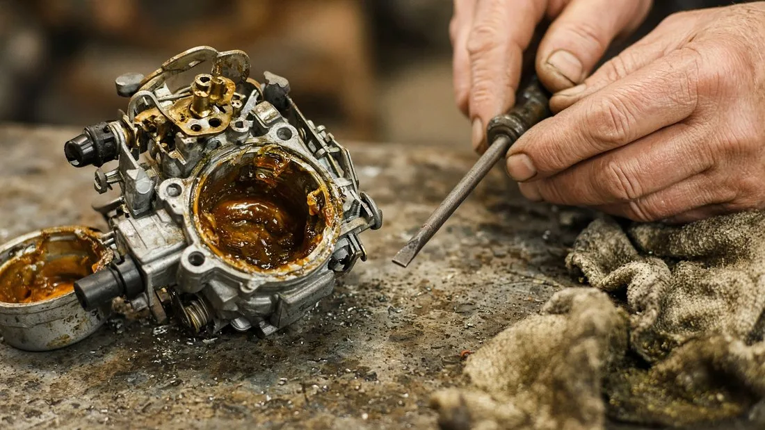 A small engine carburetor on a stained workbench with its float bowl off and set beside it, the inside of both coated thick with brown gummy varnish, while weathered hands hold a screwdriver next to a dirty shop rag