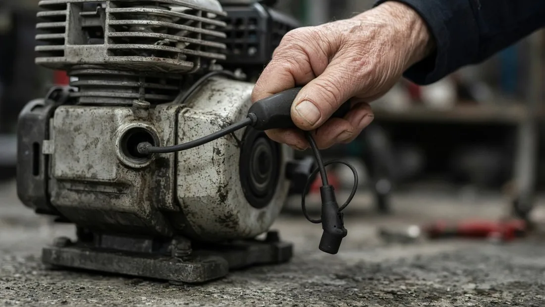 An older hand holding the black rubber spark plug boot pulled loose from a dirty, weathered small gas engine sitting on a concrete floor