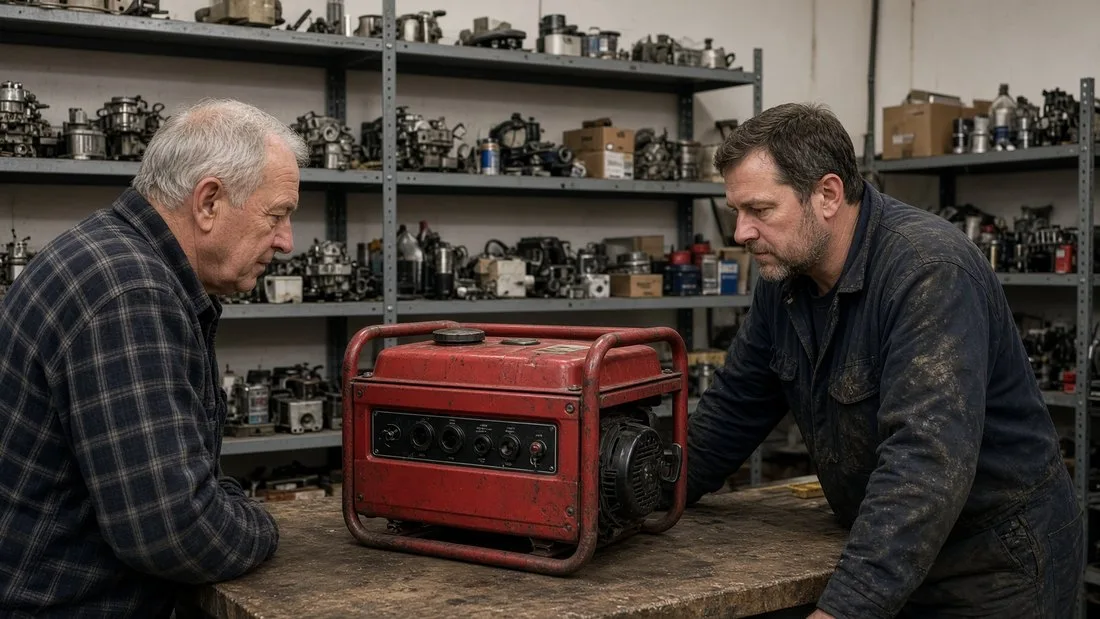 A worn red portable generator sitting on a scarred wooden shop counter between an older customer in a plaid shirt and a mechanic in dirty work clothes, both studying it, with steel shelves of used carburetors and engine parts behind them