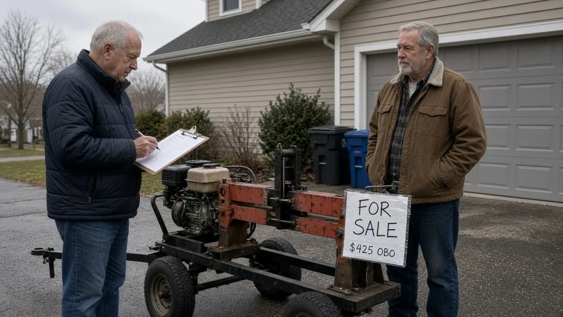 An older man with a clipboard and pen working down a printed checklist beside a rusty towable gas wood splitter in a suburban driveway, while the seller stands by with his hands in his pockets next to a hand-lettered sign reading FOR SALE $425 OBO