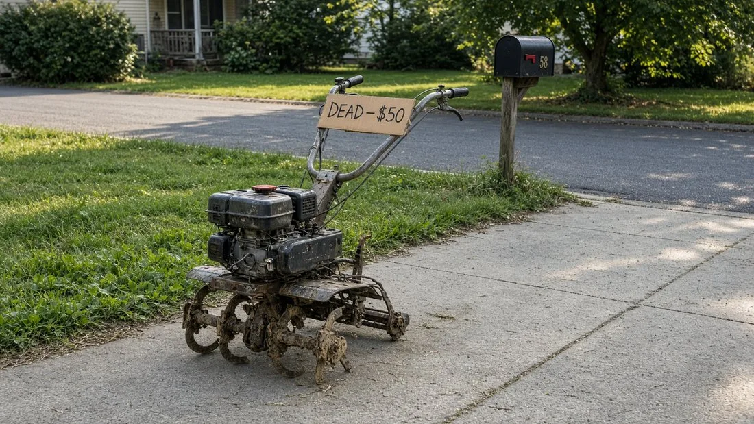 A muddy used garden tiller standing on the sidewalk at the end of a driveway beside a black mailbox, with a cardboard sign on its handlebars reading DEAD - $50