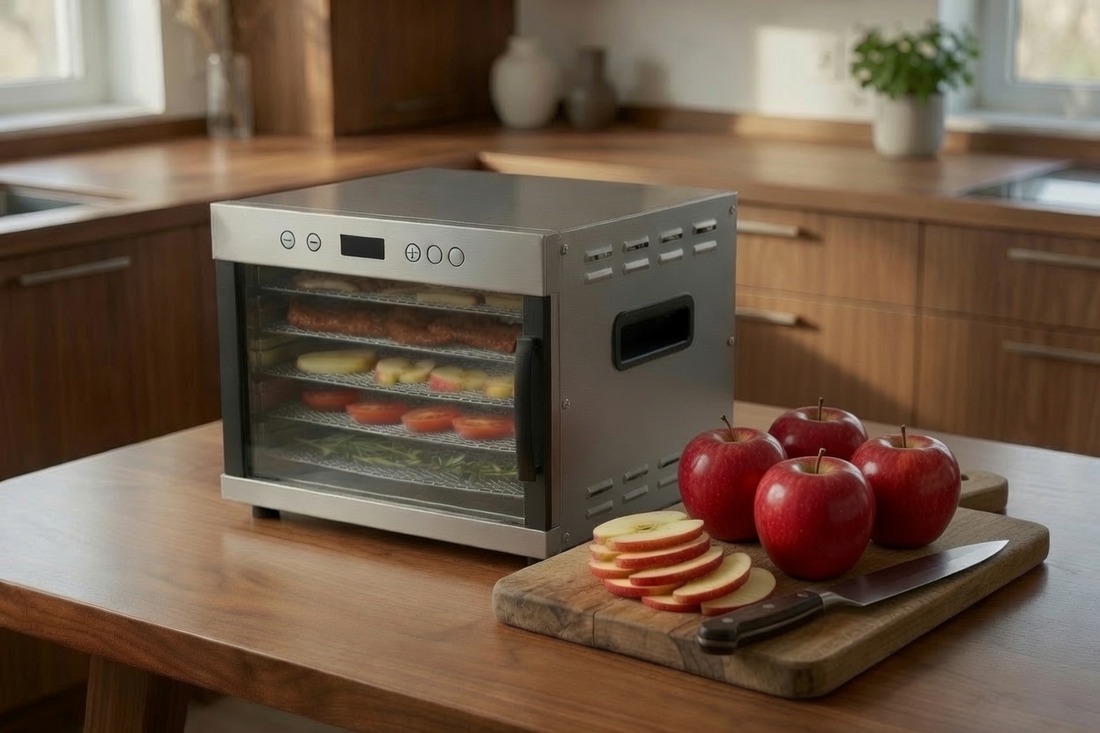 A stainless steel box-style food dehydrator on a wooden kitchen table with a glass door showing five flat trays of jerky, apple slices, tomatoes and herbs, vent slots along the side panel, and a cutting board of sliced apples beside it
