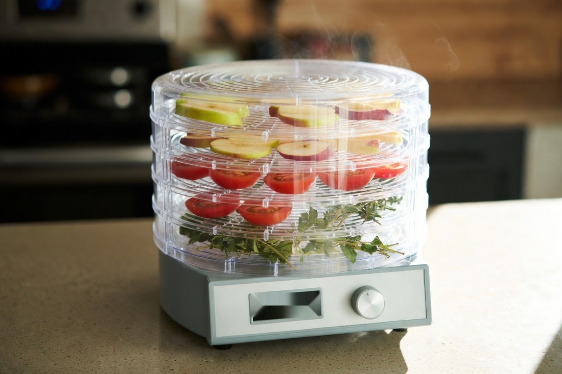 A round stackable food dehydrator on a kitchen counter with five clear trays holding apple slices, halved tomatoes and herb sprigs, with a control dial and blank display on the base