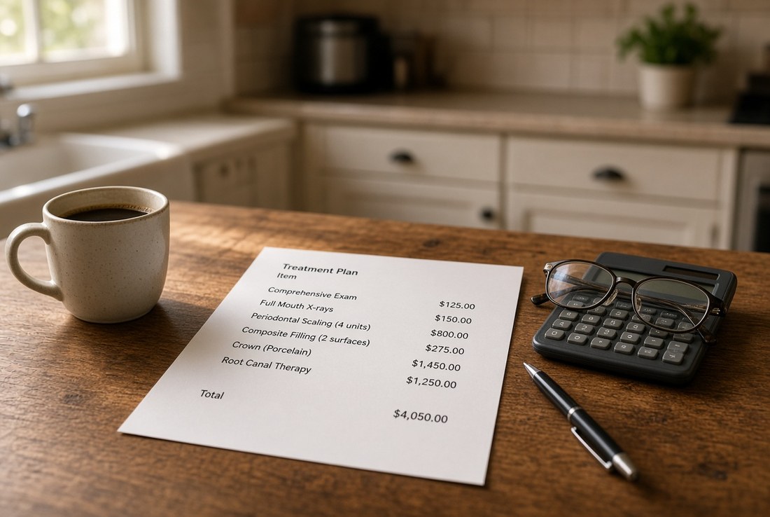 A printed dental treatment plan on a kitchen table with itemised procedures and dollar figures, reading glasses folded on a calculator beside it and a pen alongside