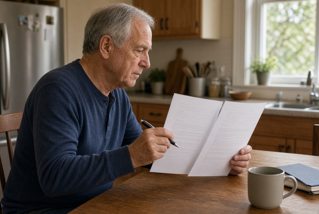An older man at a kitchen table reading two printed benefit summaries side by side, a pen in his hand and a mug beside him