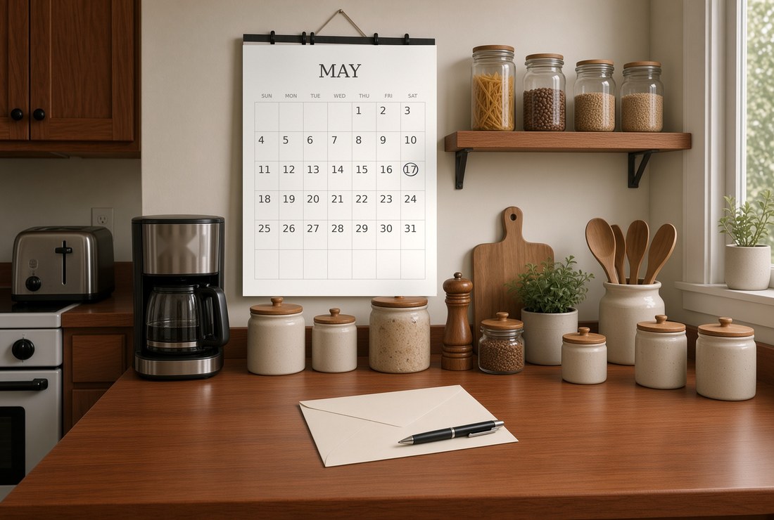 A wall calendar hanging in a kitchen with one date circled in ink, a pen and an envelope on the counter below