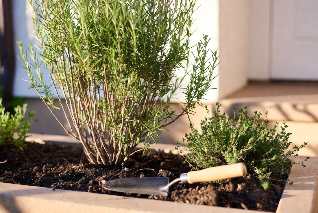 Rosemary gone woody and a spreading thyme plant in a raised bed just outside a back door, a trowel left lying in the dark soil