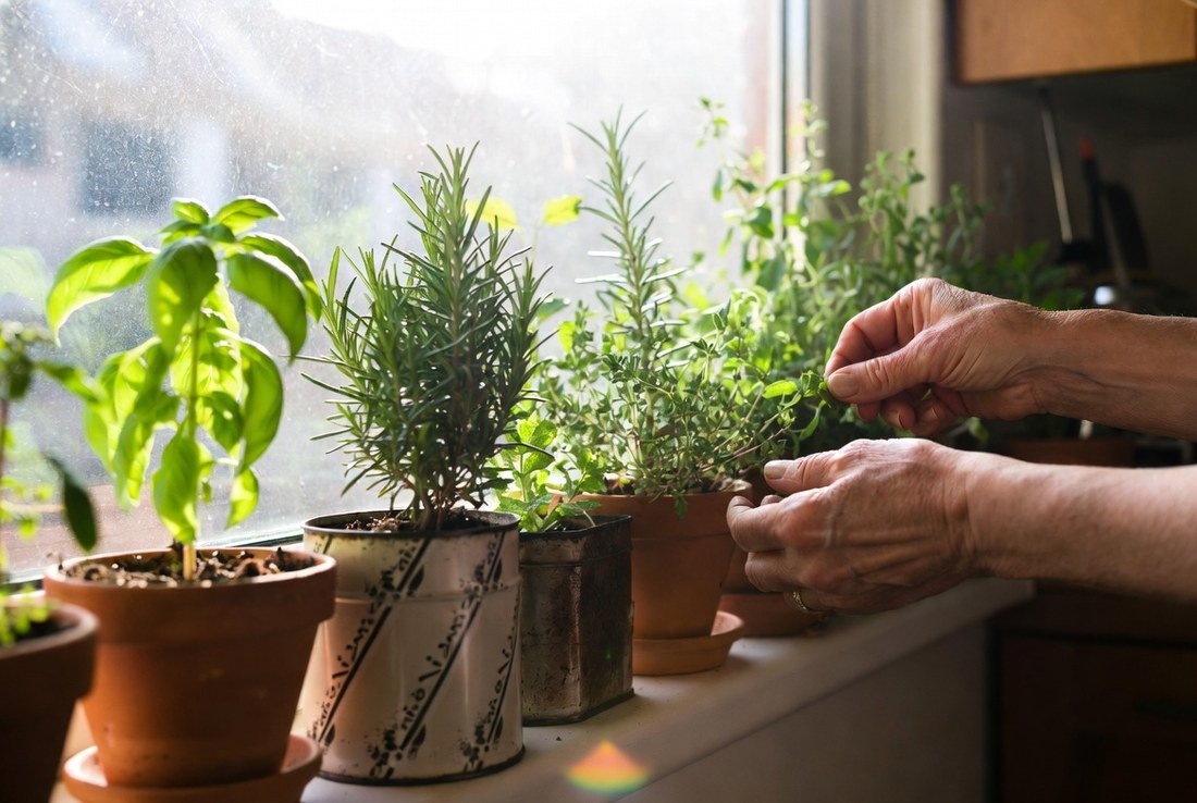 Older hands pinching a leaf from potted herbs crowded along a sunny kitchen windowsill, basil, rosemary, thyme and mint in terracotta pots and old tins
