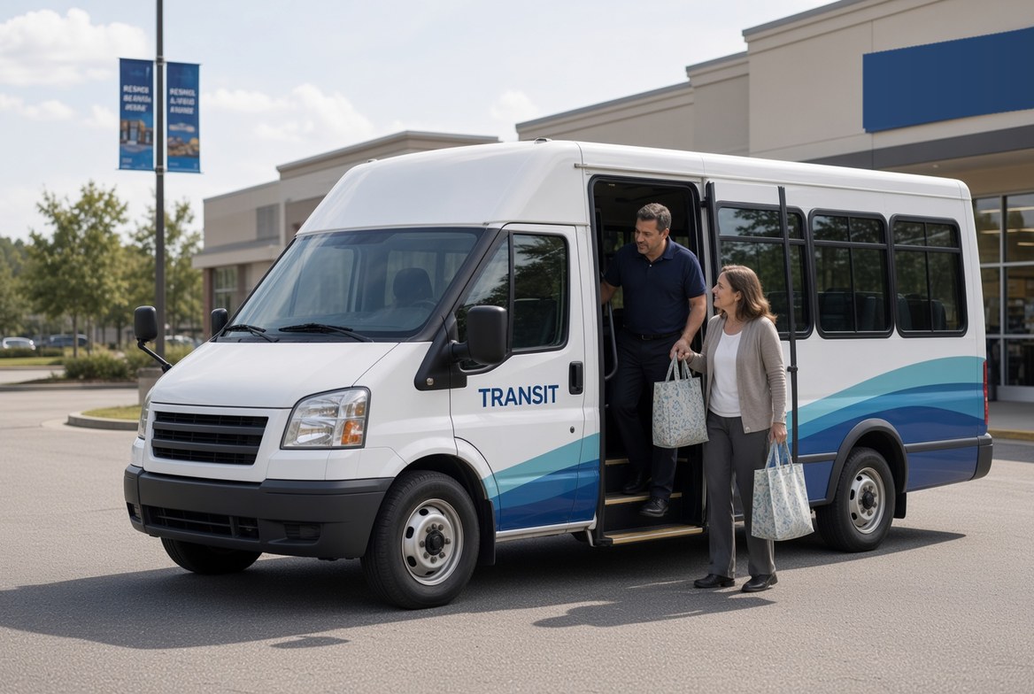 An older woman with two shopping bags stepping down from a small white transit shuttle outside a supermarket, the driver handing down a third bag
