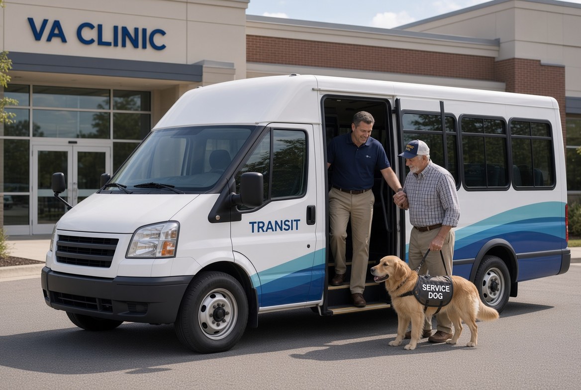 An older man in a veterans cap being helped down from a small white transit shuttle outside a VA clinic, his service dog in a marked harness waiting at the step
