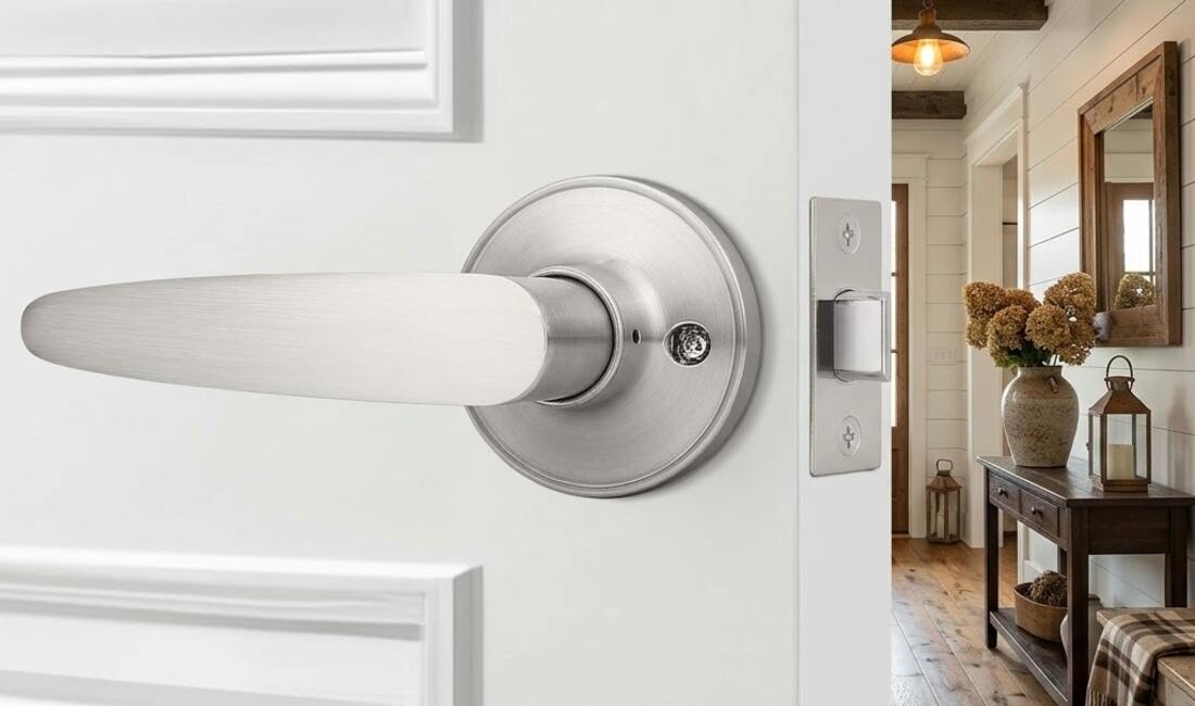 Brushed nickel lever door handle on a white interior door, opening into a bright hallway