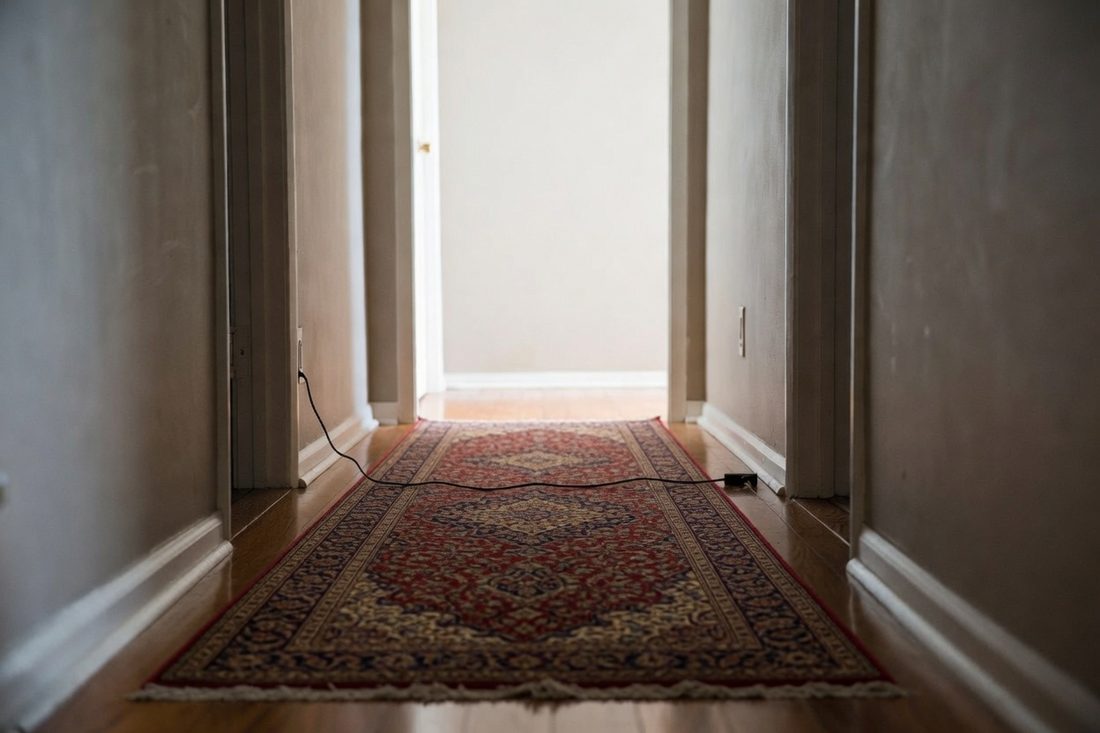 A dim hallway with a patterned runner rug on a polished wood floor and a thin black cord running from a wall outlet across the floor and over the edge of the rug