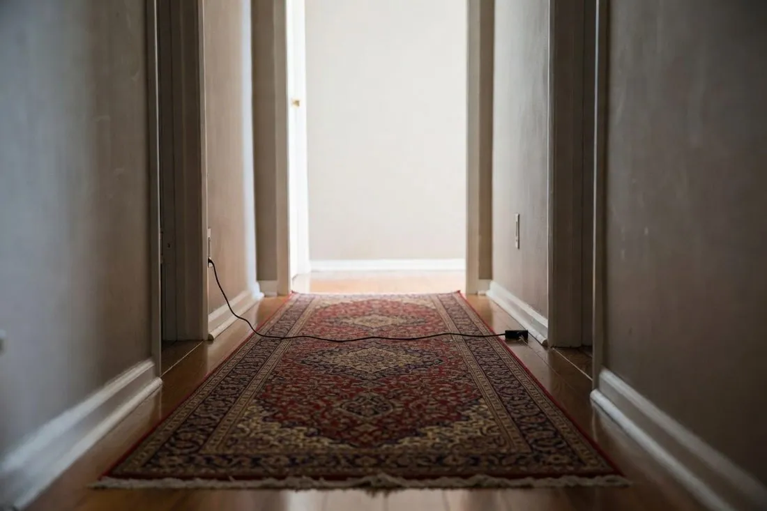 A dim hallway with a patterned runner rug on a polished wood floor and a thin black cord running from a wall outlet across the floor and over the edge of the rug